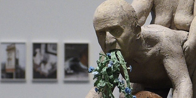Detail of the sculpture "Not Dressed for Conquering / Haute Couture 04 Transport" by Ines Doujak and John Barker.