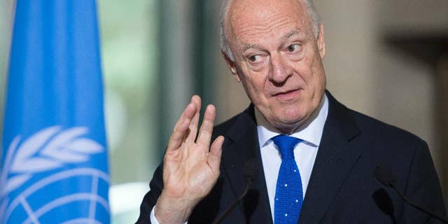 Staffan de Mistura, UN Special Envoy for Syria, speaks during a news conference at the European headquarters of the United Nations, in Geneva, Switzerland, Thursday, May 19, 2016. De Mistura says he’s waiting to see “gestures” following a Vienna meeting on Syria of world and regional powers earlier this week, before setting a target date for the indirect talks between President Bashar Assad’s envoys and opposition groups to resume in Geneva. (Martial Trezzini/Keystone via AP)