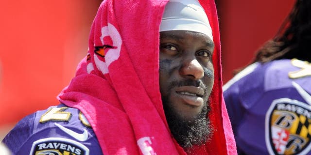 TAMPA, FL - OCTOBER 12: Strong safety Matt Elam #26 of the Baltimore Ravens sits on the sidelines against the Tampa Bay Buccaneers at Raymond James Stadium on October 12, 2014 in Tampa, Florida. (Photo by Cliff McBride/Getty Images)