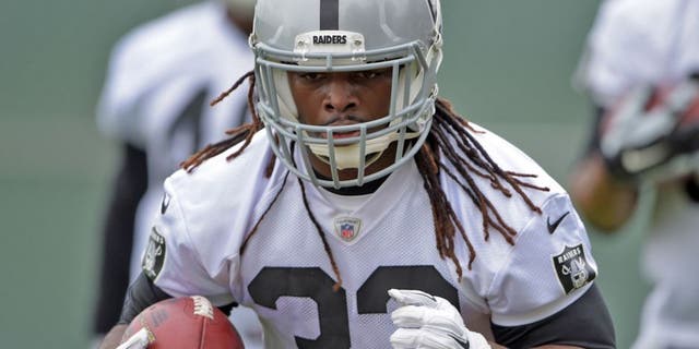 May 19, 2015; Alameda, CA, USA; Oakland Raiders running back Trent Richardson (33) at organized team activities at the Raiders practice facility. Mandatory Credit: Kirby Lee-USA TODAY Sports