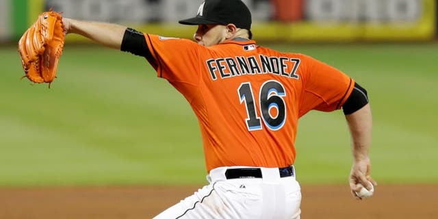 Miami Marlins' Jose Fernandez (16) pitches against the San Diego Padres in the fourth inning of a baseball game, Sunday, Aug. 2, 2015, in Miami. (AP Photo/Alan Diaz)