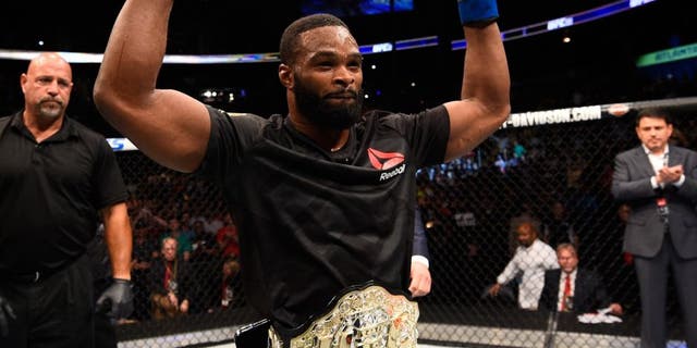 ATLANTA, GA - JULY 30: Tyron Woodley celebrates his knockout victory over Robbie Lawler in their welterweight championship bout during the UFC 201 event on July 30, 2016 at Philips Arena in Atlanta, Georgia. (Photo by Jeff Bottari/Zuffa LLC/Zuffa LLC via Getty Images)