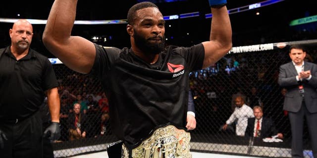 ATLANTA, GA - JULY 30: Tyron Woodley celebrates his knockout victory over Robbie Lawler in their welterweight championship bout during the UFC 201 event on July 30, 2016 at Philips Arena in Atlanta, Georgia. (Photo by Jeff Bottari/Zuffa LLC/Zuffa LLC via Getty Images)