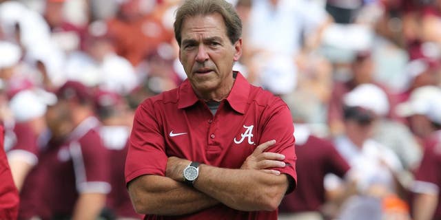Sep 14, 2013; College Station, TX, USA; Alabama Crimson Tide head coach Nick Saban on the field prior to the game against the Texas A&M Aggies at Kyle Field. Mandatory Credit: Matthew Emmons-USA TODAY Sports