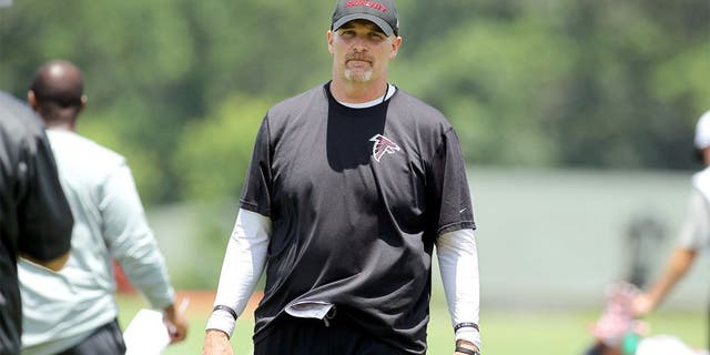 Jun 17, 2015; Atlanta, GA, USA; Atlanta Falcons head coach Dan Quinn coaches during minicamp at Falcons Training Facility. Mandatory Credit: Brett Davis-USA TODAY Sports