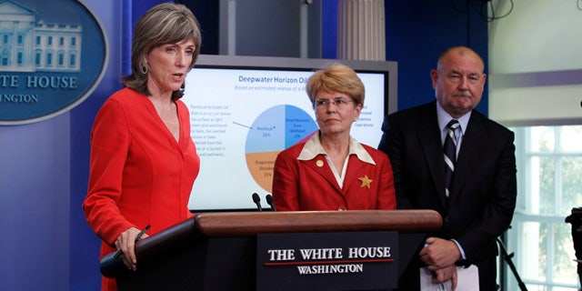 From left, Carol Browner, assistant to the President for energy and climate change, NOAA chief Jane Lubchenco, and national incident commander of the BP oil spill Thad Allen, update reporters at the White House, in Washington.