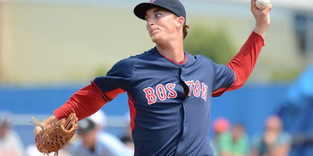 Mar 19, 2015; Dunedin, FL, USA; Boston Red Sox pitcher Henry Owens (76) pitches in the third inning of the spring training game against the Toronto Blue Jays at Florida Auto Exchange Park. Mandatory Credit: Jonathan Dyer-USA TODAY Sports