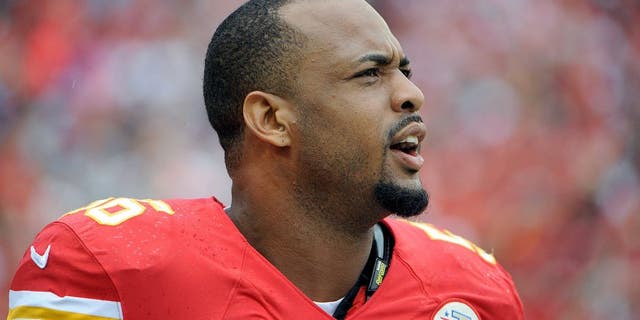 Sep 15, 2013; Kansas City, MO, USA; Kansas City Chiefs inside linebacker Derrick Johnson (56) looks to the crowd before the game with the Dallas Cowboys at Arrowhead Stadium. Kansas City won the game 17-16. Mandatory Credit: John Rieger-USA TODAY Sports
