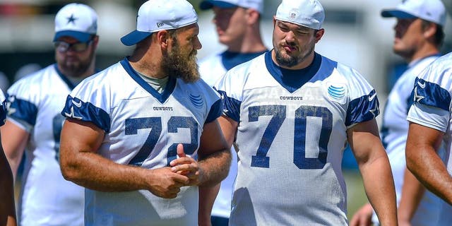 Dallas Cowboys center Travis Frederick (72) and guard Zack Martin (70) take the field for morning practice at NFL football training camp, Tuesday, Aug. 4, 2015, in Oxnard, Calif. (AP Photo/Gus Ruelas)