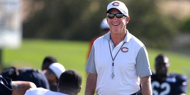 Chicago Bears head coach John Fox smiles as he watches his team during NFL football training camp at Olivet Nazarene University, Saturday, Aug. 1, 2015, in Bourbonnais, Ill. (AP Photo/Nam Y. Huh)