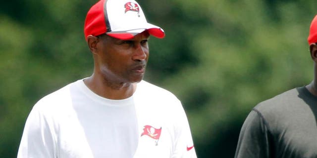Jul 28, 2014; Tampa, FL, USA; Tampa Bay Buccaneers defensive coordinator Leslie Frazier during training camp at One Buc Place. Mandatory Credit: Kim Klement-USA TODAY Sports