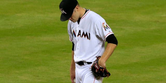 Aug 5, 2015; Miami, FL, USA; Miami Marlins starting pitcher David Phelps on the mound during the game against the New York Mets at Marlins Park. Mandatory Credit: Robert Mayer-USA TODAY Sports