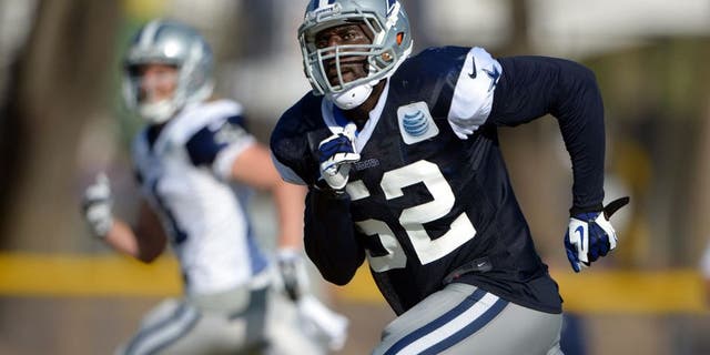 Jul 31, 2014; Oxnard, CA, USA; Dallas Cowboys linebacker Justin Durant (52) at training camp at the River Ridge Fields. Mandatory Credit: Kirby Lee-USA TODAY Sports