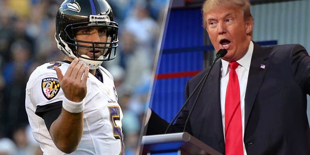 Nov 25, 2012; San Diego, CA, USA; Baltimore Ravens quarterback Joe Flacco (5) motions to wide receiver Torrey Smith (82) during the fourth quarter against the San Diego Chargers at Qualcomm Stadium. Mandatory Credit: Jake Roth-USA TODAY Sports Republican presidential candidate Donald Trump answers a question during the first Republican presidential debate at the Quicken Loans Arena Thursday, Aug. 6, 2015, in Cleveland. (AP Photo/Andrew Harnik)