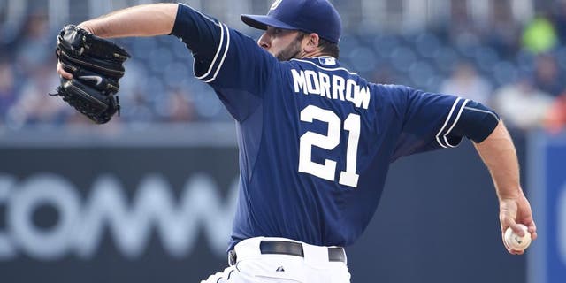 SAN DIEGO, CA - MAY 2: Brandon Morrow #21 of the San Diego Padres pitches during the first inning of a baseball game against the Colorado Rockies at Petco Park May 2, 2015 in San Diego, California. (Photo by Denis Poroy/Getty Images)