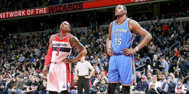 WASHINGTON, DC - ‰ JANUARY 21: Bradley Beal #3 of the Washington Wizards stands on the court during a game against Kevin Durant #35 of the Oklahoma City Thunder on January 21, 2015 at Verizon Center in Washington, DC. NOTE TO USER: User expressly acknowledges and agrees that, by downloading and or using this Photograph, user is consenting to the terms and conditions of the Getty Images License Agreement. Mandatory Copyright Notice: Copyright 2015 NBAE (Photo by Ned Dishman/NBAE via Getty Images)