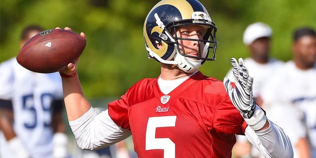 Aug 1, 2015; Earth City, MO, USA; St. Louis Rams quarterback Nick Foles (5) at Rams Park. Mandatory Credit: Jasen Vinlove-USA TODAY Sports