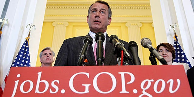 In this June 14, 2011, file photo House Speaker John Boehner with Majority Whip Kevin McCarthy, R-Calif., left, and Rep. Cathy McMorris Rodgers, R-Wash., talks about job creation following a political strategy session on Capitol Hill in Washington.