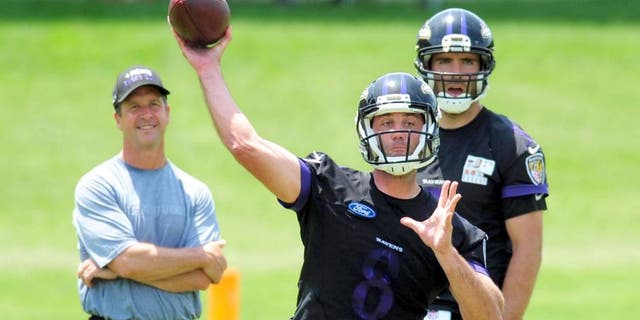 May 28, 2015; Baltimore, MD, USA; Baltimore Ravens quarterback Matt Schaub (center) throws a pass as head coach John Harbaugh (left) and quarterback Joe Flacco (right) look on during training camp at the Under Armour Performance Center. Mandatory Credit: Evan Habeeb-USA TODAY Sports