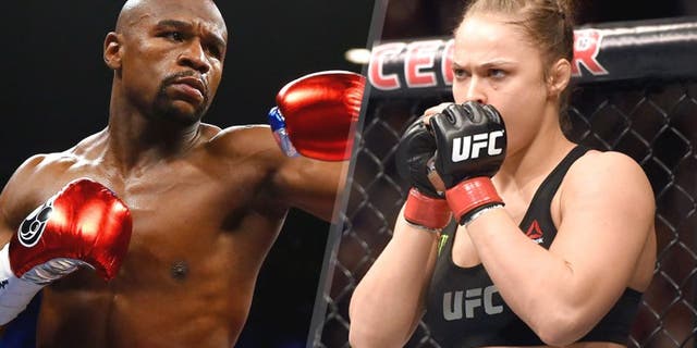 L - LAS VEGAS, NV - MAY 02: Floyd Mayweather Jr. throws a left at Manny Pacquiao during their welterweight unification championship bout on May 2, 2015 at MGM Grand Garden Arena in Las Vegas, Nevada. (Photo by Al Bello/Getty Images) R - LOS ANGELES, CA - FEBRUARY 28: Ronda Rousey enters the Octagon in her UFC women's bantamweight championship bout against Cat Zingano during the UFC 184 event at Staples Center on February 28, 2015 in Los Angeles, California. (Photo by Harry How/Getty Images)