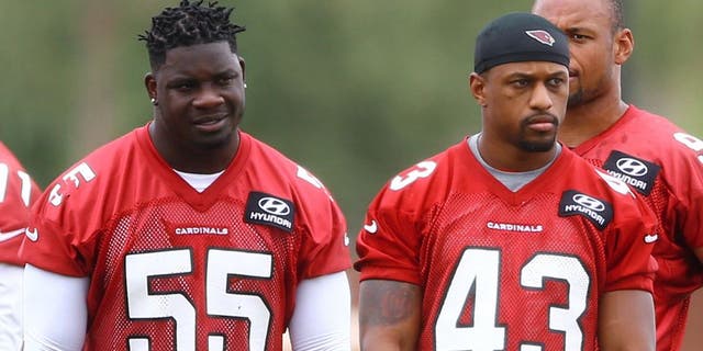 Jun 9, 2015; Tempe, AZ, USA; Arizona Cardinals linebacker Sean Weatherspoon (55) and safety D.J. Campbell (43) during minicamp practice at the Cardinals Training Facility. Mandatory Credit: Mark J. Rebilas-USA TODAY Sports