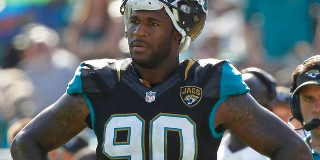 Dec 22, 2013; Jacksonville, FL, USA; Jacksonville Jaguars defensive end Andre Branch (90) during the first half against the Tennessee Titans at EverBank Field. Mandatory Credit: Kim Klement-USA TODAY Sports