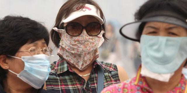 Tourists, wearing masks to protect themselves from the smell of heavy smog caused by peat fires in nearby forests, walk in central Moscow August 9, 2010. The death rate in Moscow has doubled as wildfires have blanketed the capital with toxic smoke amid Russia's worst heatwave in over a century, Interfax cited the city's health department chief as saying on Monday (Reuters).