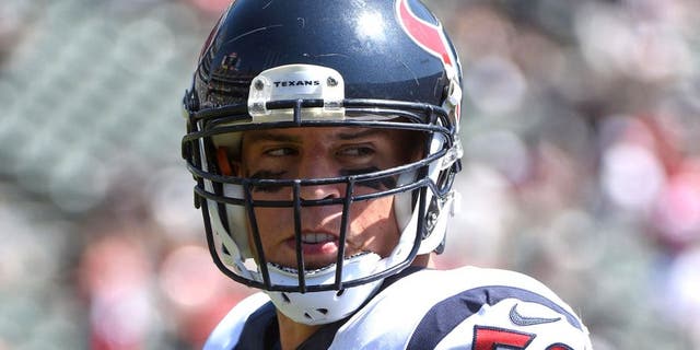 September 14, 2014; Oakland, CA, USA; Houston Texans inside linebacker Brian Cushing (56) before the game against the Oakland Raiders at O.co Coliseum. The Texans defeated the Raiders 30-14. Mandatory Credit: Kyle Terada-USA TODAY Sports