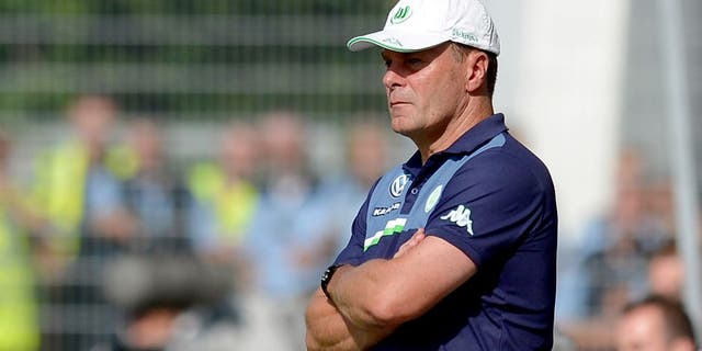 STUTTGART, GERMANY - AUGUST 09: Coach Dieter Hecking of Wolfsburg reacts during the DFB Cup First Round match between Stuttgarter Kickers and VfL Wolfsburg at GAZI-Stadion on August 9, 2015 in Stuttgart, Germany. (Photo by Daniel Kopatsch/Bongarts/Getty Images)