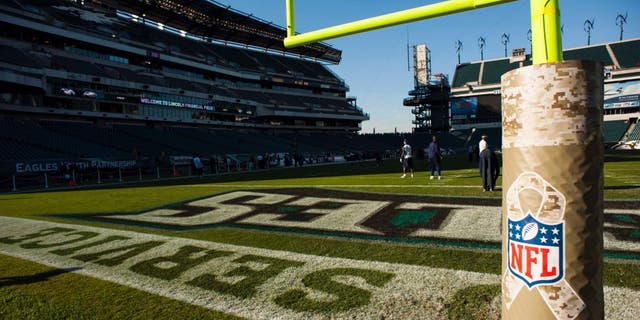 Nov 11, 2012; Philadelphia, PA, USA; The NFL salute to service logo on the end zone padding prior to the game between the Philadelphia Eagles and the Dallas Cowboys at Lincoln Financial Field. Mandatory Credit: Howard Smith-USA TODAY Sports