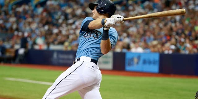 Aug 9, 2015; St. Petersburg, FL, USA; Tampa Bay Rays designator hitter Richie Shaffer (36) singles during the fifth inning against the New York Mets at Tropicana Field. Mandatory Credit: Kim Klement-USA TODAY Sports