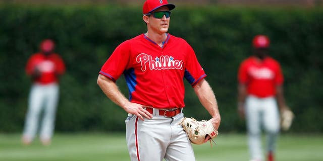 CHICAGO, IL - JULY 24: Chase Utley #26 of the Philadelphia Phillies looks on before the game against the Chicago Cubs at Wrigley Field on July 24, 2015 in Chicago, Illinois. The Phillies defeated the Cubs 5-3. (Photo by Joe Robbins/Getty Images)