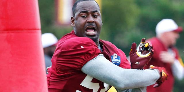 Aug 7, 2015; Richmond, VA, USA; Washington Redskins linebacker Junior Galette (58) participates in drills during joint practice with the Houston Texans as part of day eight of training camp at Bon Secours Washington Redskins Training Center. Mandatory Credit: Amber Searls-USA TODAY Sports