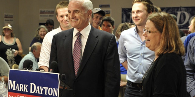 Aug. 10: Former U.S. Sen. Mark Dayton enjoys a laugh after addressing the media with his running mate, State Sen. Yvonne Prettner-Solon, after Dayton was named the winner of the Democratic gubernatorial primary election Tuesday night.