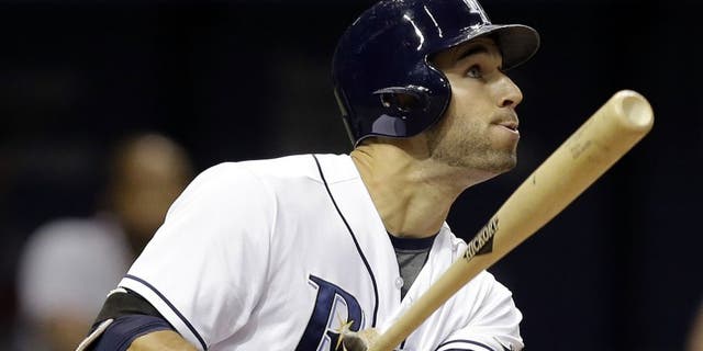 Tampa Bay Rays' Kevin Kiermaier watches his two-run home run off Atlanta Braves starting pitcher Williams Perez during the seventh inning of a baseball game Tuesday, Aug. 11, 2015, in St. Petersburg, Fla. (AP Photo/Chris O'Meara)