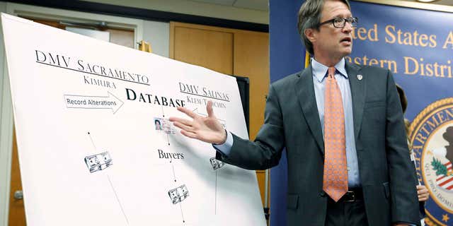 Aug. 11, 2015: Benjamin B.Wagner, United States Attorney for the Eastern District of California, gestures to a chart showing how California Department of Motor Vehicle employees were bribed for providing fraudulent California licenses to commercial truck drivers in Sacramento,Calif.