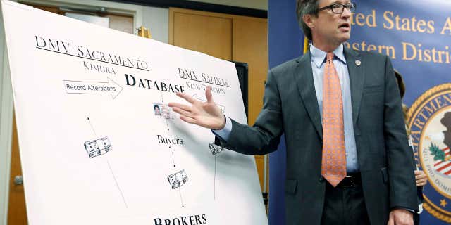 Aug. 11, 2015: Benjamin B.Wagner, United States Attorney for the Eastern District of California, gestures to a chart showing how California Department of Motor Vehicle employees were bribed for providing fraudulent California licenses to commercial truck drivers in Sacramento,Calif.