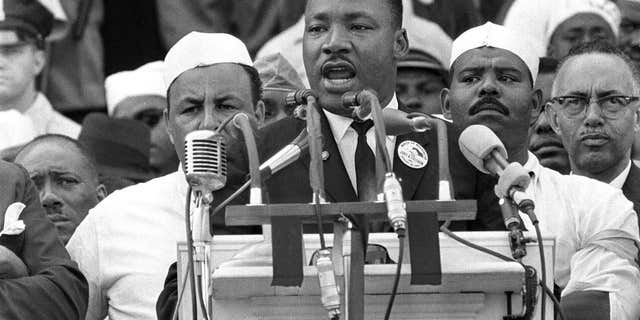 Aug. 28, 1963: The Rev. Dr. Martin Luther King Jr., head of the Southern Christian Leadership Conference, gestures during his "I Have a Dream" speech as he addresses thousands of civil rights supporters gathered in Washington, D.C.