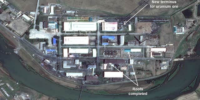 This image provided by the U.S.-Korea Institute at the Johns Hopkins School of Advanced International Studies via 38 North and via a satellite image from Centre National d’Études Spatiales, shows a satellite image dated May 16, 2015, of Pyongsan Uranium Concentration Plant near what is believed to be North Korea’s largest uranium mine at the southern site of Pyongsan.