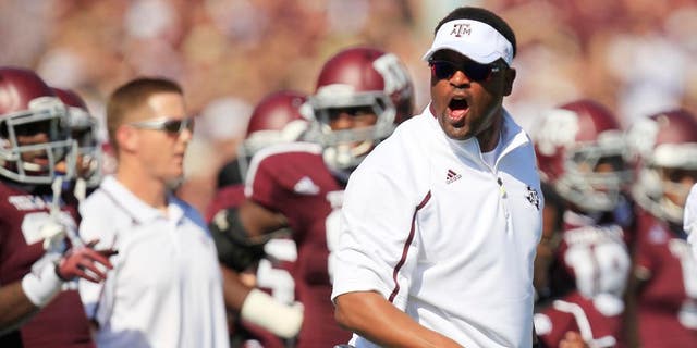 Oct 26, 2013; College Station, TX, USA; Texas A&M Aggies head coach Kevin Sumlin argues a call against the Vanderbilt Commodores during the first half at Kyle Field. Mandatory Credit: Thomas Campbell-USA TODAY Sports