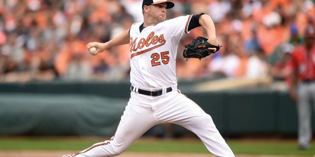 BALTIMORE, MD - JULY 12: Bud Norris #25 of the Baltimore Orioles pitches against the Washington Nationals at Oriole Park at Camden Yards on July 12, 2015 in Baltimore, Maryland. The Nationals won 3-2. (Photo by Mitchell Layton/Getty Images)