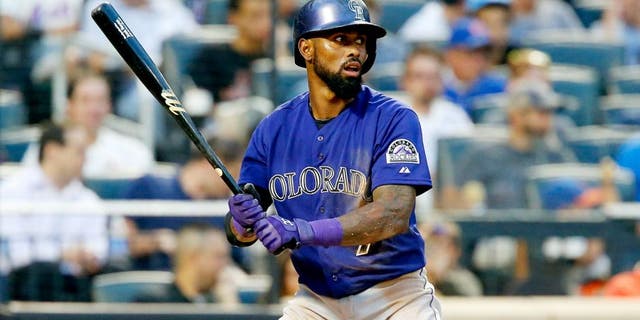 NEW YORK, NY - AUGUST 10: (NEW YORK DAILIES OUT) Jose Reyes #7 of the Colorado Rockies in action against the New York Mets at Citi Field on August 10, 2015 in the Flushing neighborhood of the Queens borough of New York City. The Mets defeated the Rockies 4-2. (Photo by Jim McIsaac/Getty Images)