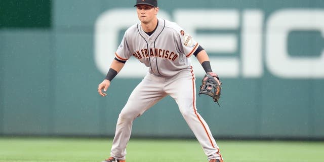 WASHINGTON, DC - JULY 03: Joe Panik #12 of the San Francisco Giants in position during a baseball game against the Washington Nationals at Nationals Park on July 03, 2015 in Washington, DC. The Nationals won 2-1. (Photo by Mitchell Layton/Getty Images)