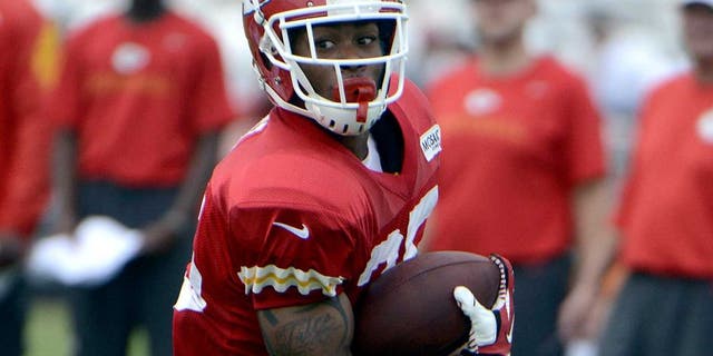 Jul 26, 2014; St. Joseph, MO, USA; Kansas City Chiefs running back Charcandrick West (35) runs after a catch during training camp at Missouri Western State University. Mandatory Credit: John Rieger-USA TODAY Sports