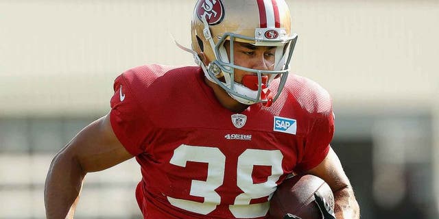 SANTA CLARA, CA - AUGUST 7: Jarryd Hayne #38 of the San Francisco 49ers runs drills during a practice session at Levi's Stadium on August 7, 2015 in Santa Clara, California. Hayne formerly played professional rugby league in Australia for the Parramatta Eels. (Photo by Lachlan Cunningham/Getty Images)