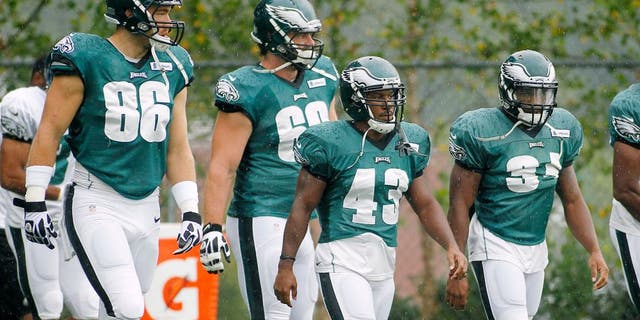 Aug 13, 2014; Foxborough, MA, USA; Philadelphia Eagles tight end Zach Ertz (86) running back Darren Sproles (43) and running back Henry Josey (34) walk onto the field during a joint practice with the New England Patriots at the Patriots practice Fields. Mandatory Credit: Stew Milne-USA TODAY Sports