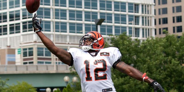 Jul 26, 2014; Cincinnati, OH, USA; Cincinnati Bengals wide receiver Mohamed Sanu (12) attempts a catch during training camp at Paul Brown Stadium. Mandatory Credit: Aaron Doster-USA TODAY Sports