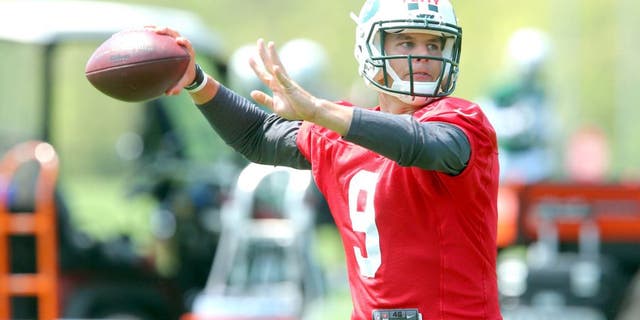 May 8, 2015; Florham Park, NY, USA; New York Jets quarterback Bryce Petty (9) drops back to pass during rookie minicamp at the Atlantic Health Jets Training Center. Mandatory Credit: Brad Penner-USA TODAY Sports