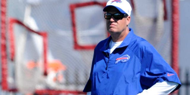 Jul 31, 2015; Pittsford, NY, USA; Buffalo Bills head coach Rex Ryan watches proceedings during training camp at St. John Fisher College. Mandatory Credit: Mark Konezny-USA TODAY Sports