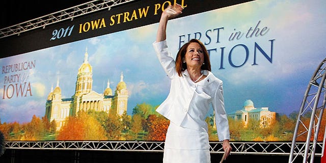 Saturday: Republican presidential candidate Rep. Michele Bachmann takes to the stage to speak at the Republican Party's Straw Poll in Ames, Iowa.